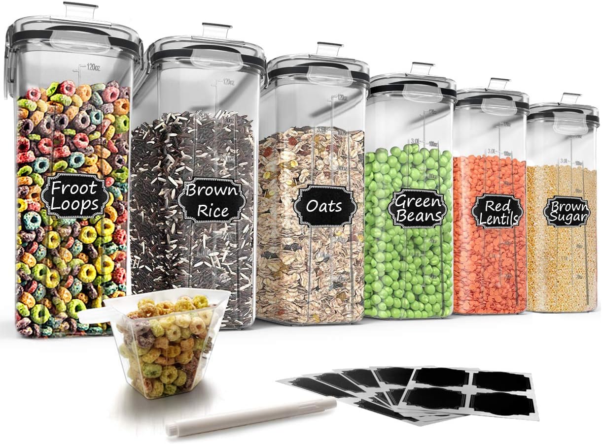Cereal Storage Containers Set, Large BPA Free Plastic Airtight Food Storage Containers 4L for Flour, Sugar, 6 Piece Set Cereal Dispensers with 20 Labels & Marker, Black