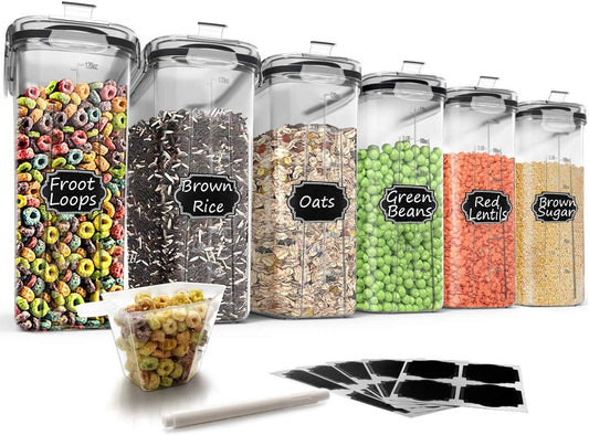 Cereal Storage Containers Set, Large BPA Free Plastic Airtight Food Storage Containers 4L for Flour, Sugar, 6 Piece Set Cereal Dispensers with 20 Labels & Marker, Black