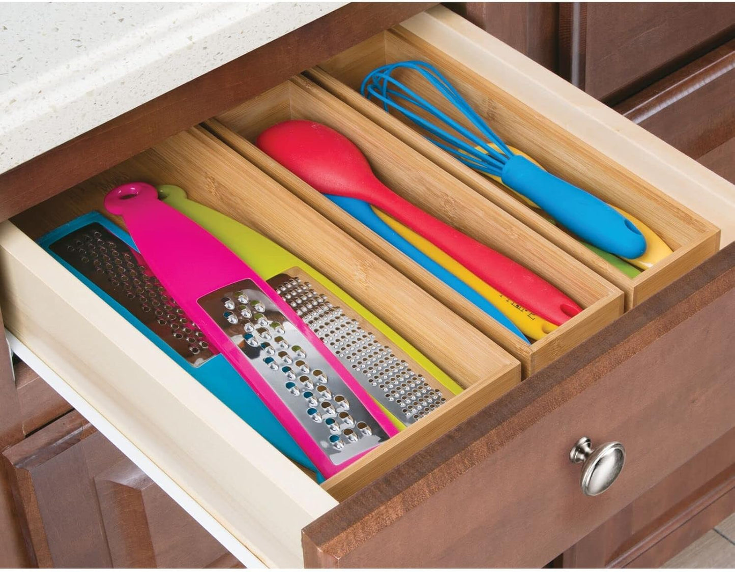 Drawer Organiser – Rectangular Bamboo Kitchen Drawer Divider – Stackable Drawer Separator for Cutlery and Kitchen Utensils – Set of 4 – Natural