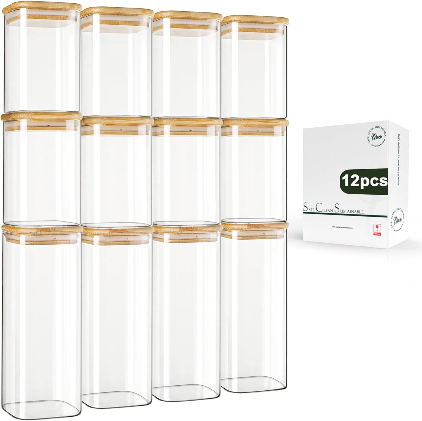 12-Pack Square Glass Storage Jars with Bamboo Lids (0.6Qt/1.06Qt)