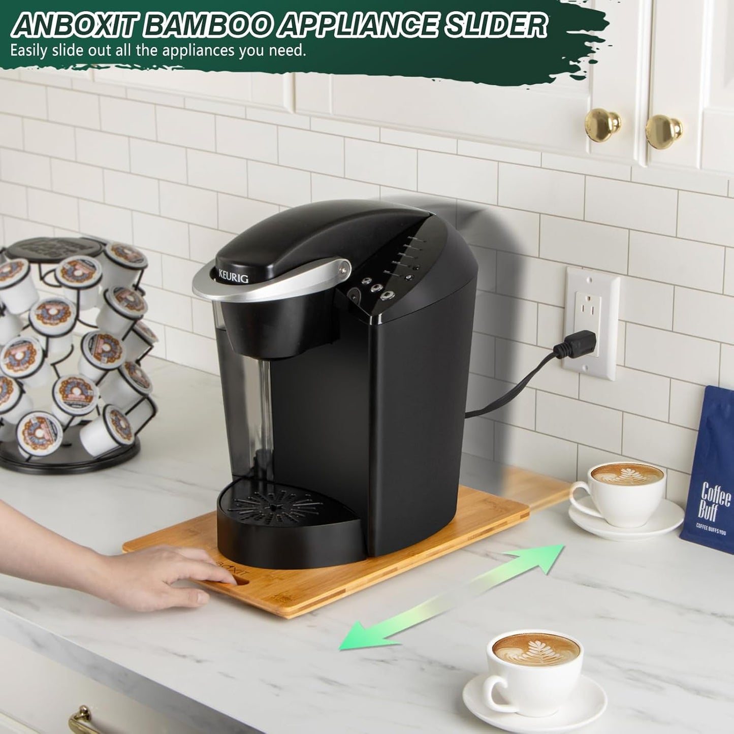 ANBOXIT Bamboo Appliance Slider, Sliding Tray for Coffee Maker, Kitchen Countertop Appliance Rolling Tray, Coffee Pot Slider Tray with Rubber Wheels, Deep - Medium (14.5"D x 9.5"W)