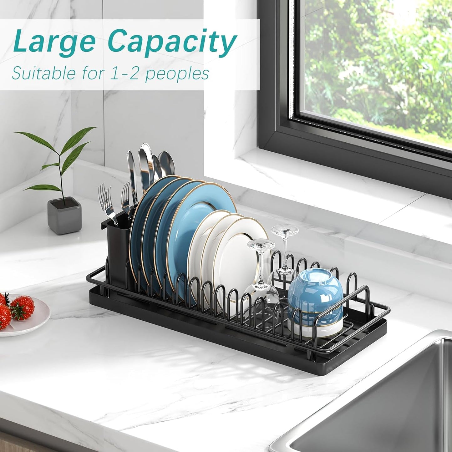 Small Dish Drying Rack, Compact Dish Rack with Silicone Tray and Caddy