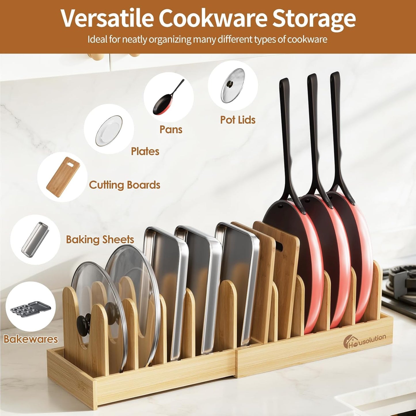 Bamboo Pot and Pan Organizer for Cabinet, 15"-29" Expandable Pot Lid Organizer with 10 Adjustable Dividers, Pan Holder Storage Rack with Solid Bamboo Wooden Base