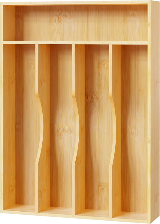 Utensil Organizer 10 Inch Silverware Tray for Drawer Utensil Holder Cutlery Organizer Kitchen Drawer Organizer 5 Compartment Small Narrow Bamboo