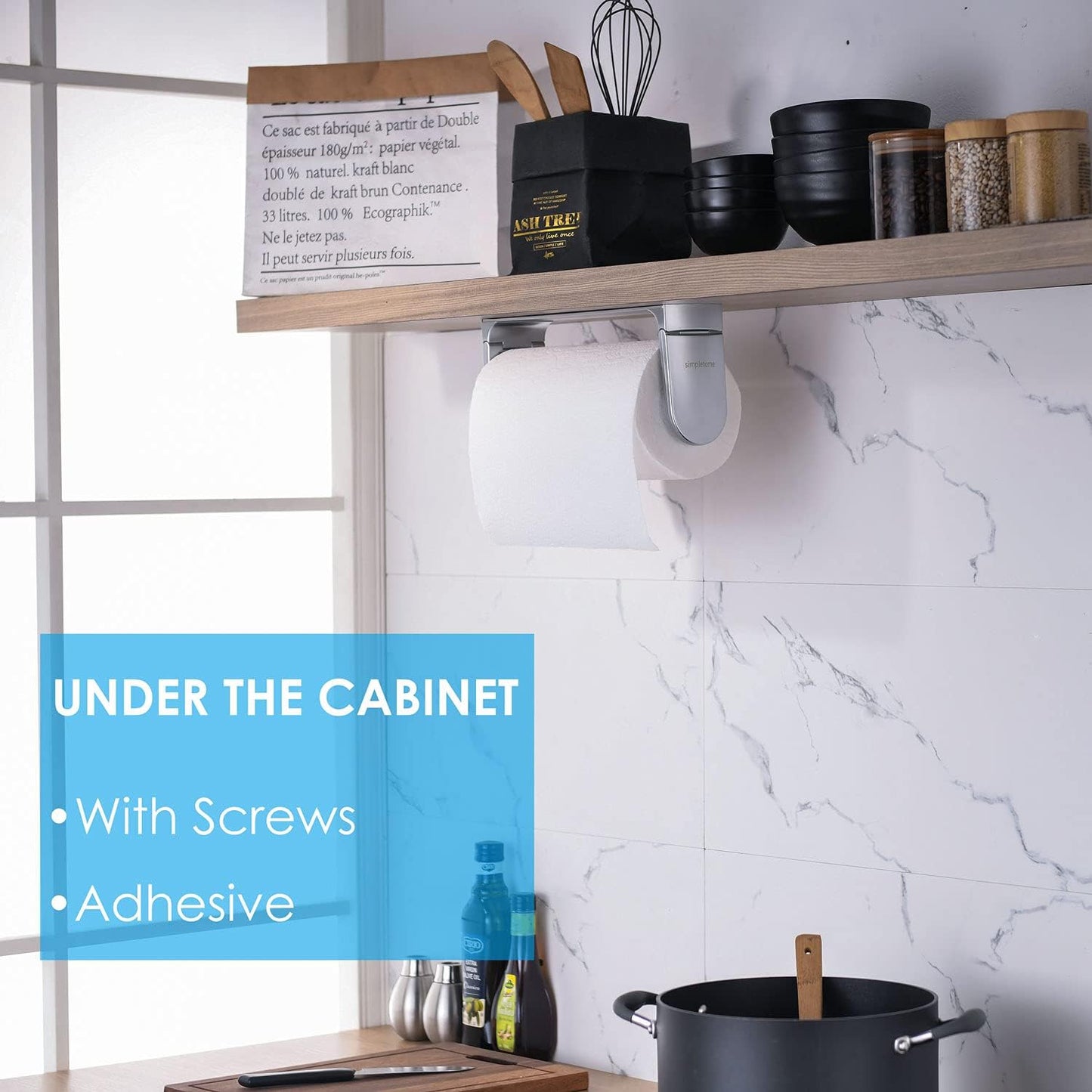 ONE Hand Tear Paper Towel Holder Under Cabinet Adhesive or Drilling Installation Aluminum Alloy + ABS (Pearl Chrome Silver)