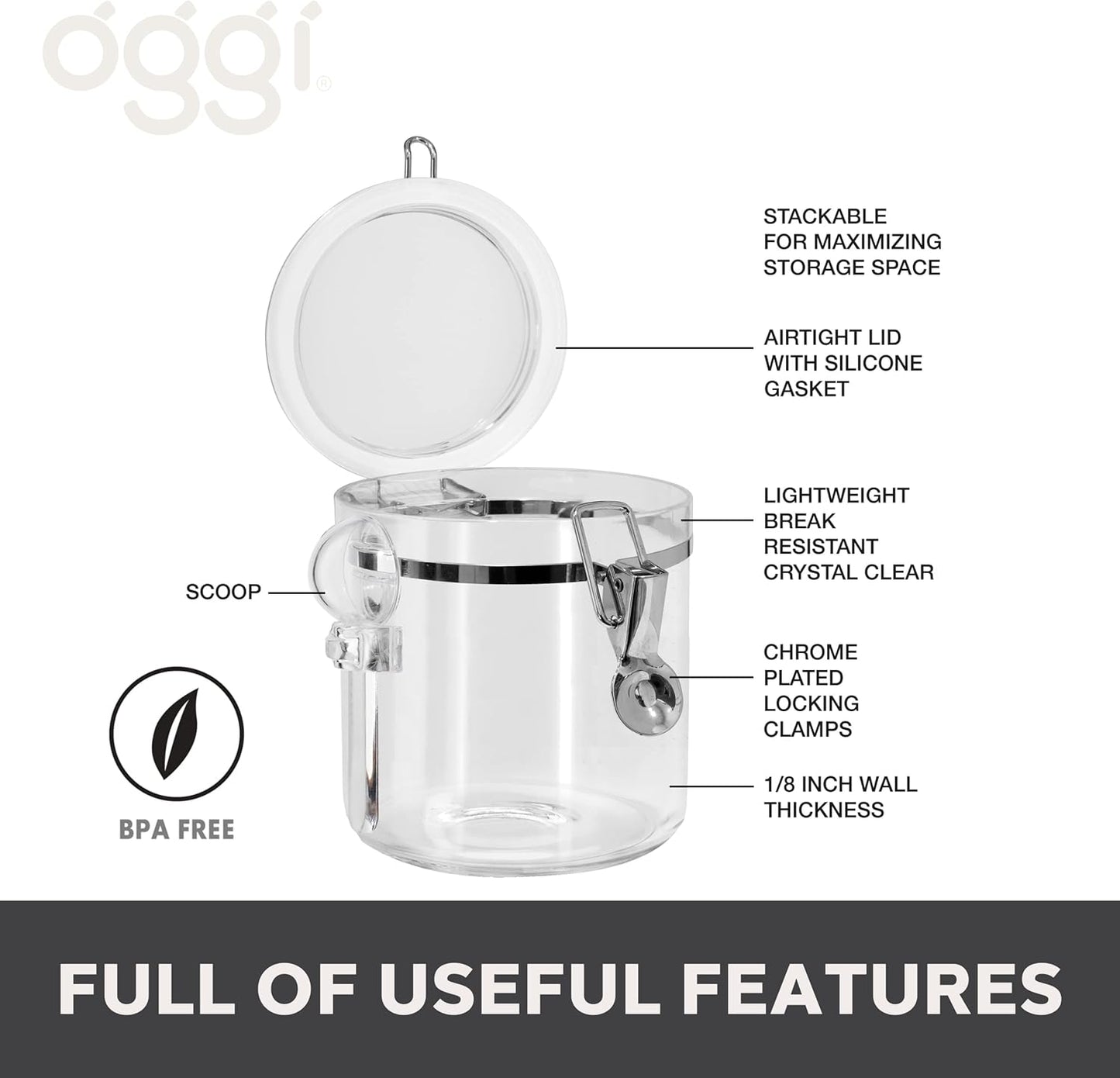 4pc Clear Canister Set with Clamp Lids & Spoons - Airtight Food Storage Containers