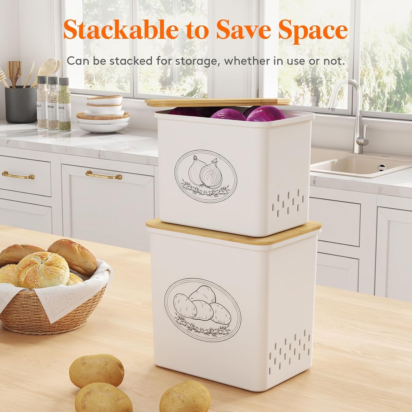 Potato and Onion Storage Bin, Stackable Garlic Keeper with Aerating Holes and Lid