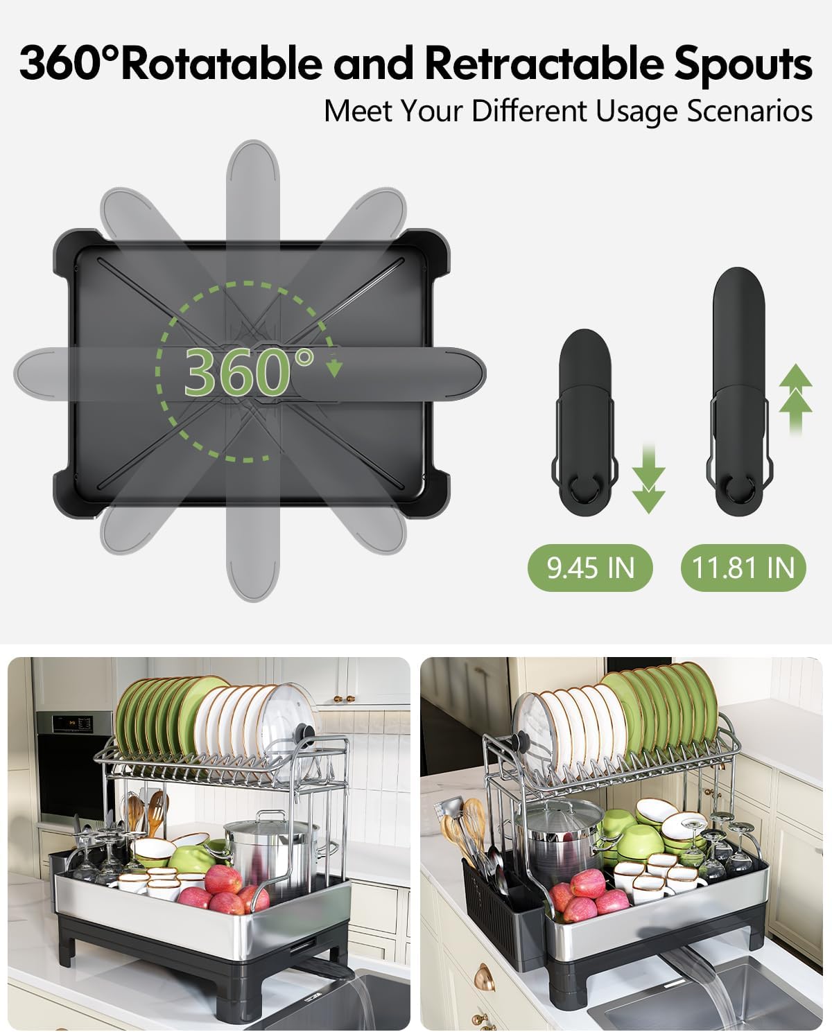 Extra Large Two Tier Stainless Steel Dish Drainer Drying Rack with Drainboard for Kitchen Counter