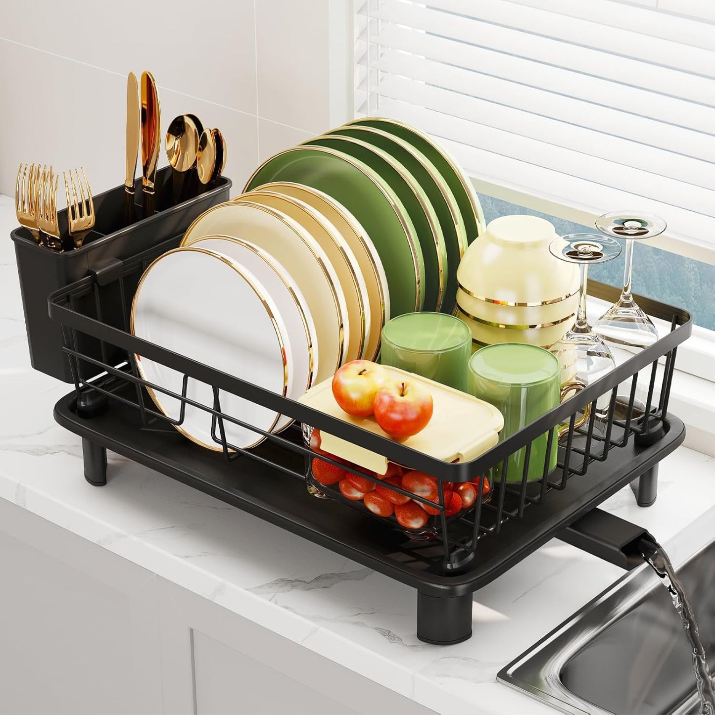 Dish Drainer Rack with Drip Tray, Sink Dish Drainer with Drainage Spout