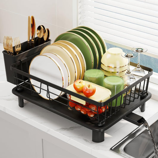 Dish Drainer Rack with Drip Tray, Sink Dish Drainer with Drainage Spout
