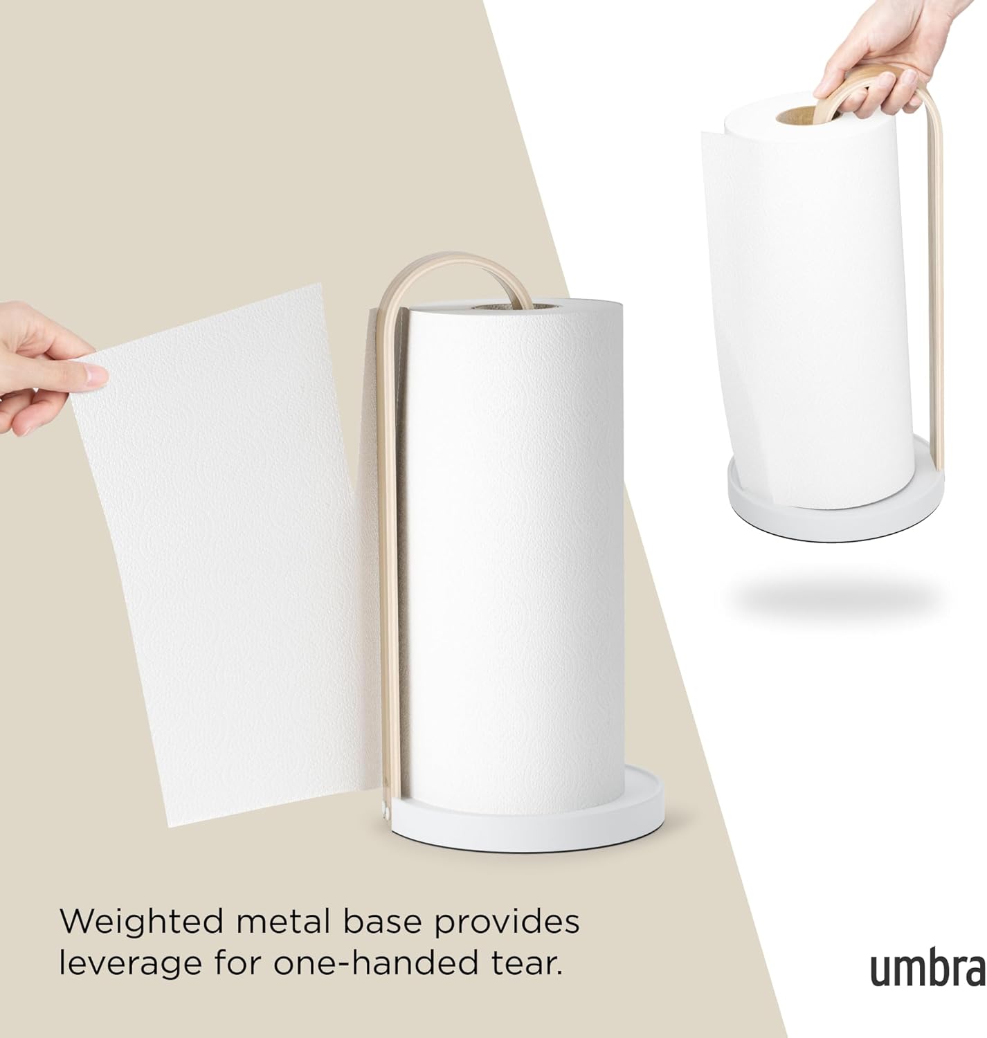 Bellwood Paper Towel Holder for Kitchen Countertop, with Real Wood Stand and Weighted Metal Base