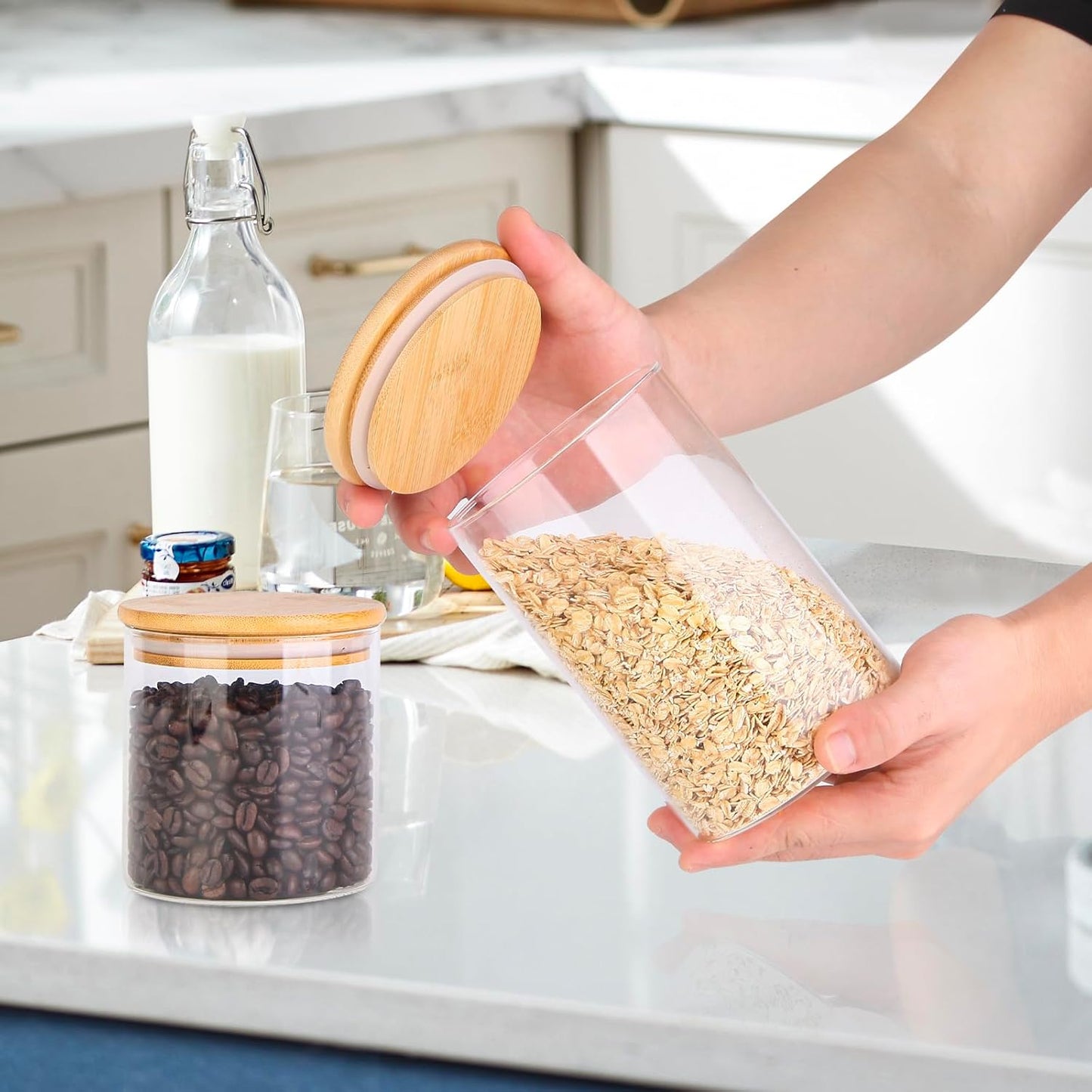 Glass Food Storage Jars, Food Containers with Airtight Bamboo Lids for Pasta, Cookies, Nuts