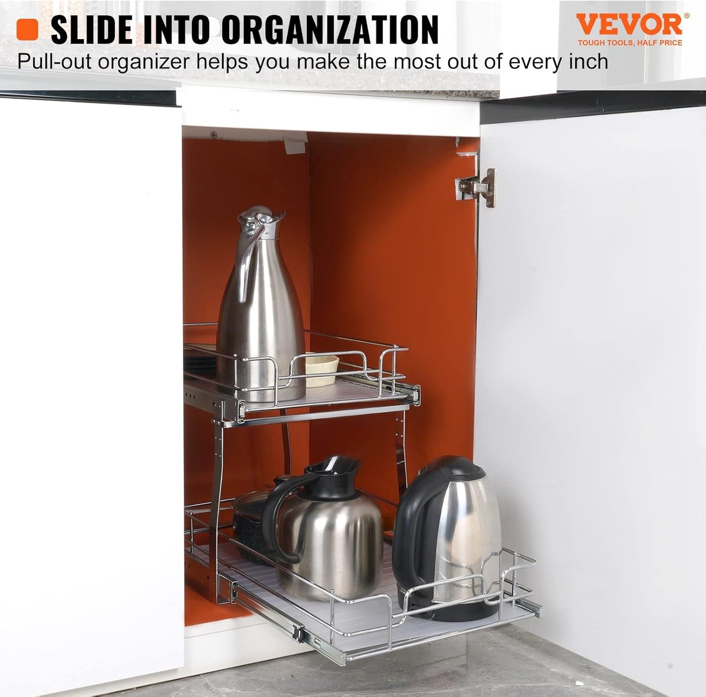 Pull Out Cabinet Organizer, 14" Wx21.2 Dx15.2 H Heavy 2 Tier Duty Slide Out Pantry Shelves