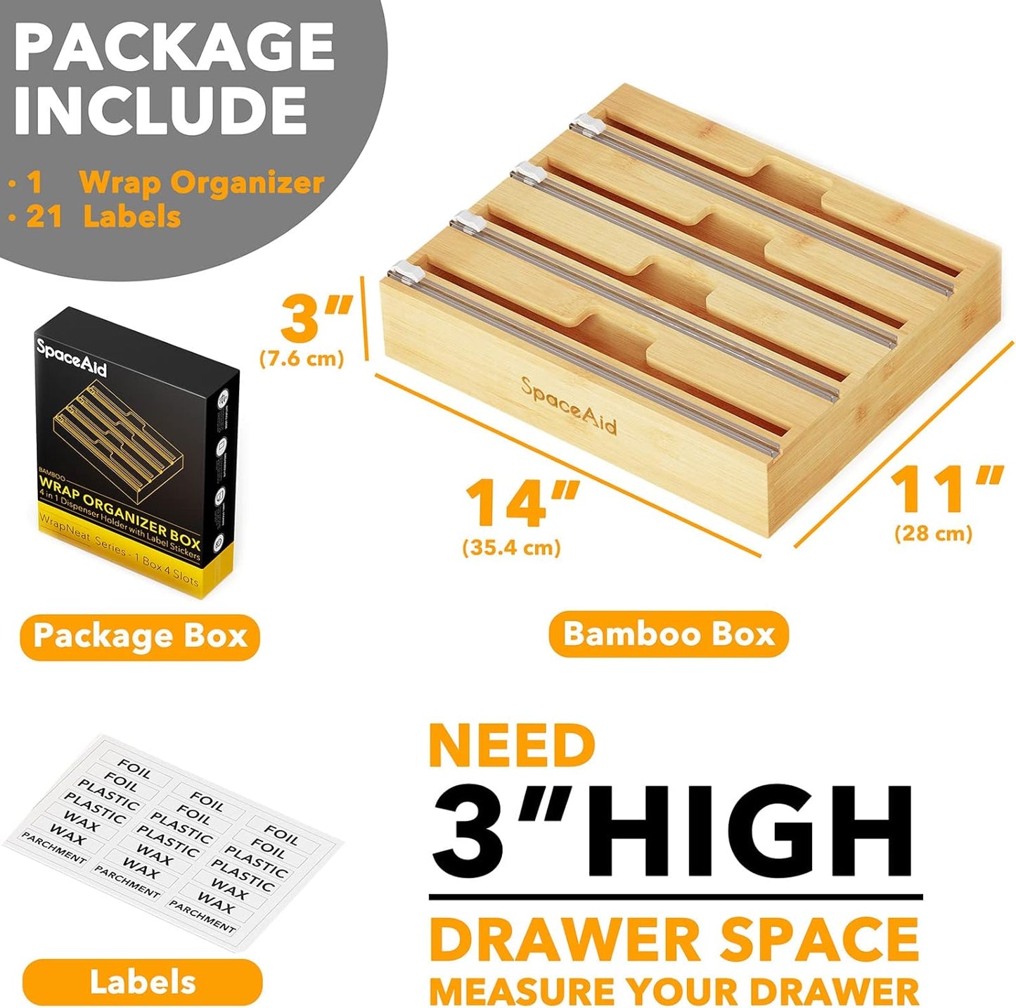WrapNeat 4 in 1 Wrap Organizer with Cutter and Labels, Plastic Wrap