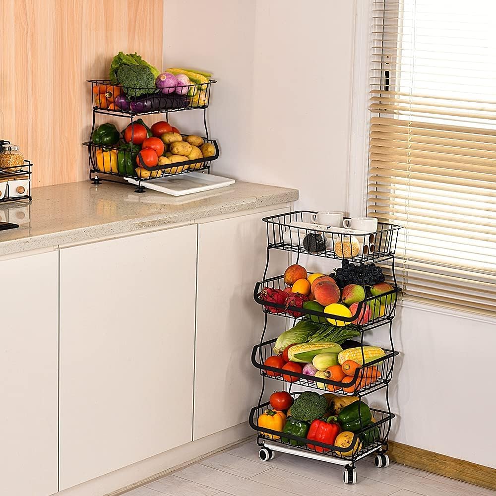 Fruit Vegetable Storage Basket, 4 Tier Stackable Metal Wire Storage Baskets with Wheels