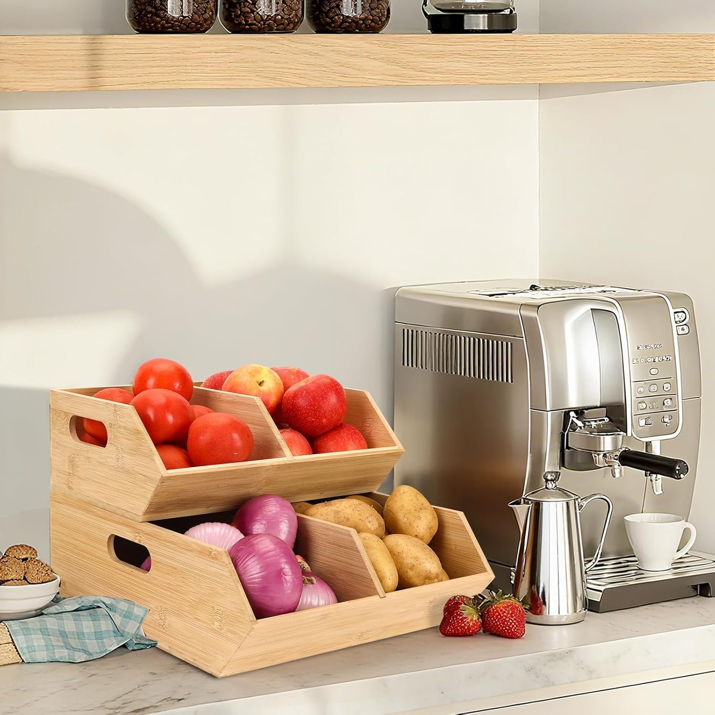 2 Set Pantry Organizers and Storage Bins, Bamboo Stackable Baskets for Potatoes, Onion, Bread
