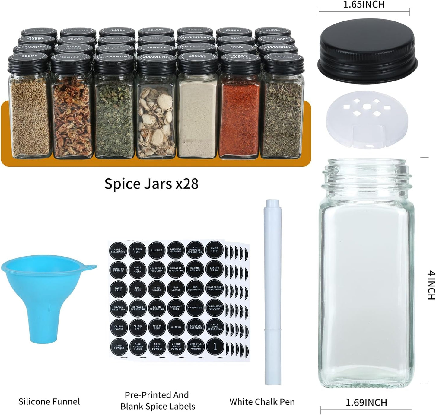 Spice Rack Organizer with 28 Spice Jars, Black Lids，Spice Labels