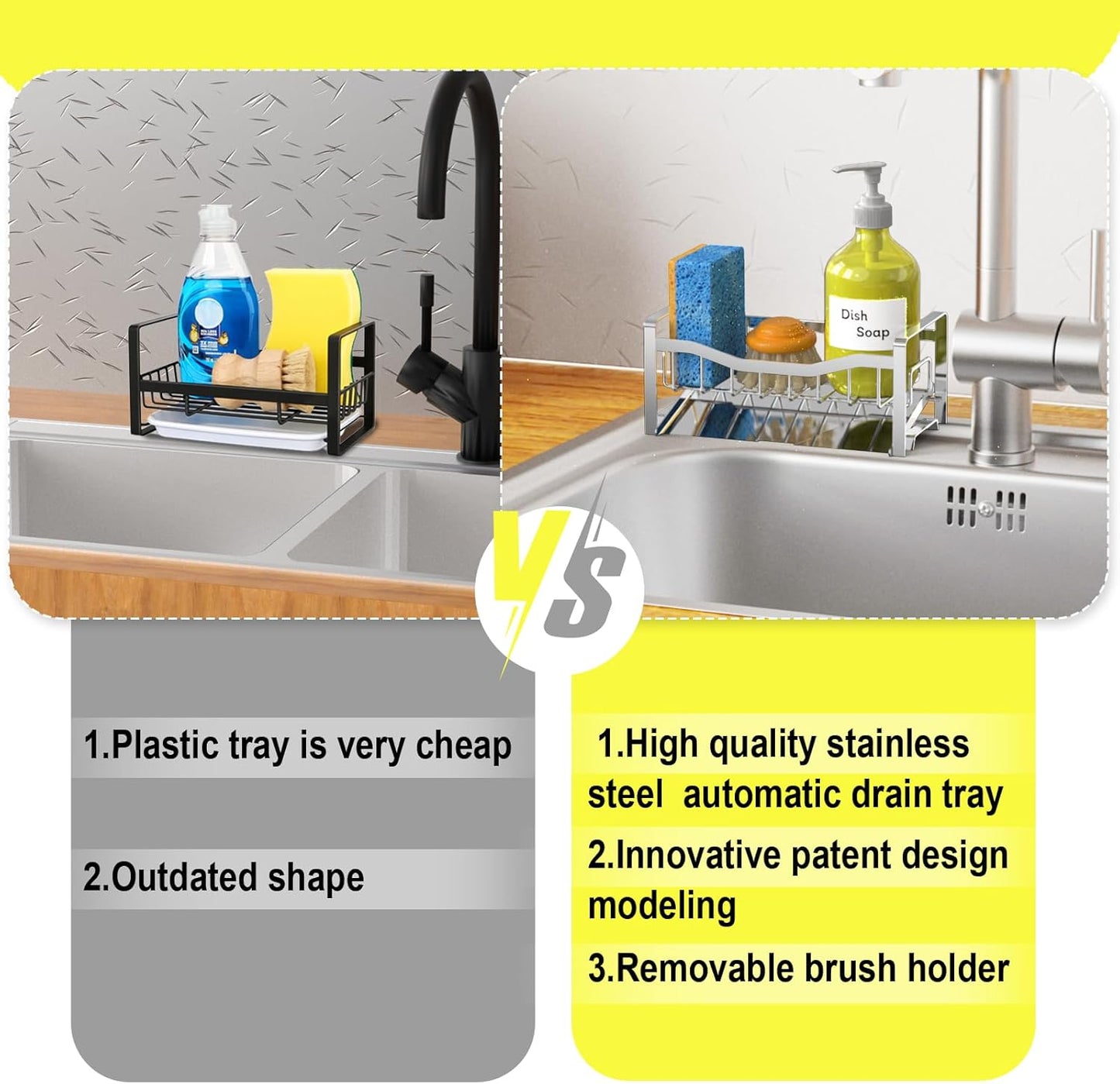 Stainless Steel Kitchen Sink Caddy Organizer with Auto Drain Tray