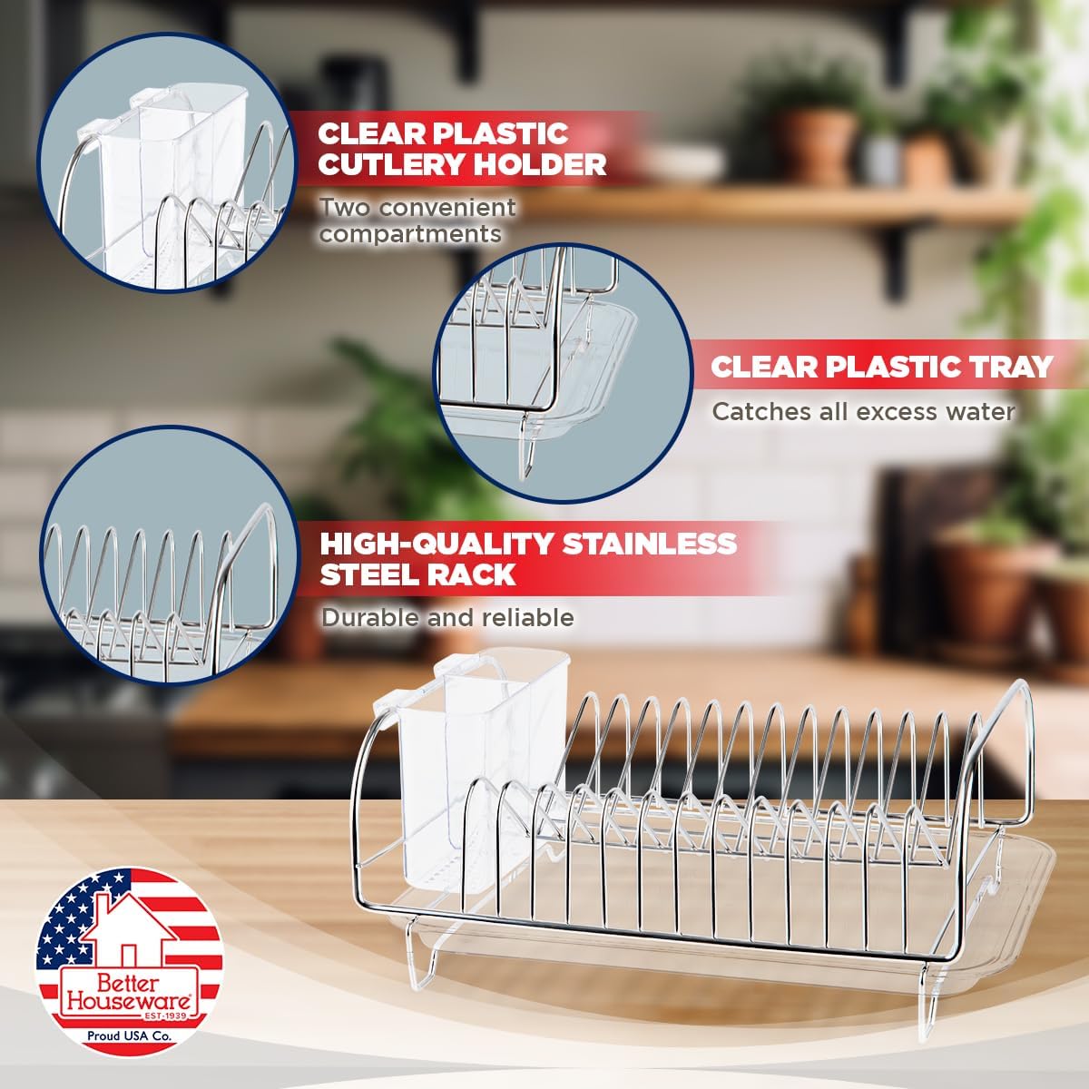 Stainless Steel Dish Drainer with Clear Plastic Tray and Cutlery Holder
