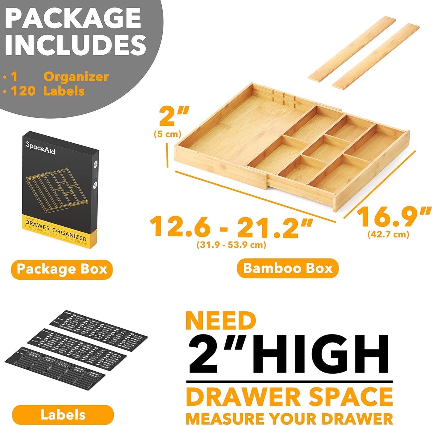 Bamboo Utensil Drawer Organizer with Labels