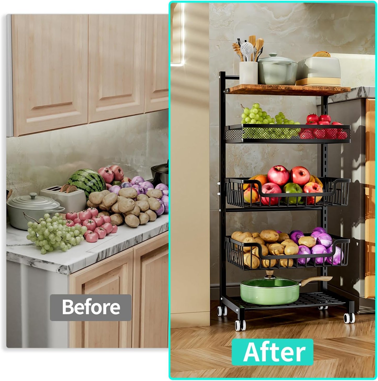 Fruit Basket Kitchen Cart - 5 Tier Adjustable Vegetable Storage Rack