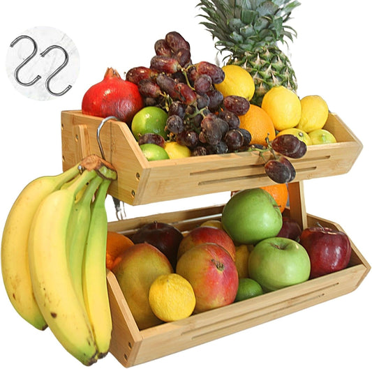 2 Tier Bamboo Fruit Basket for Kitchen Counter with Banana Hanger Hooks