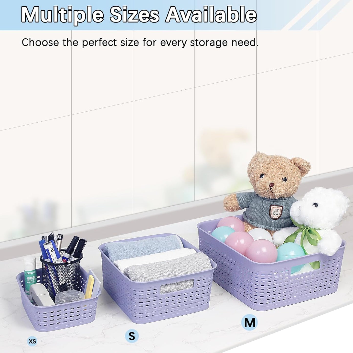 Plastic Storage Baskets for Cabinets, Household Pantry Organization with Handle,Organizer Bins for Room,Bathrooms,Under-Sink,Kitchen (Purple, M-3PACK)