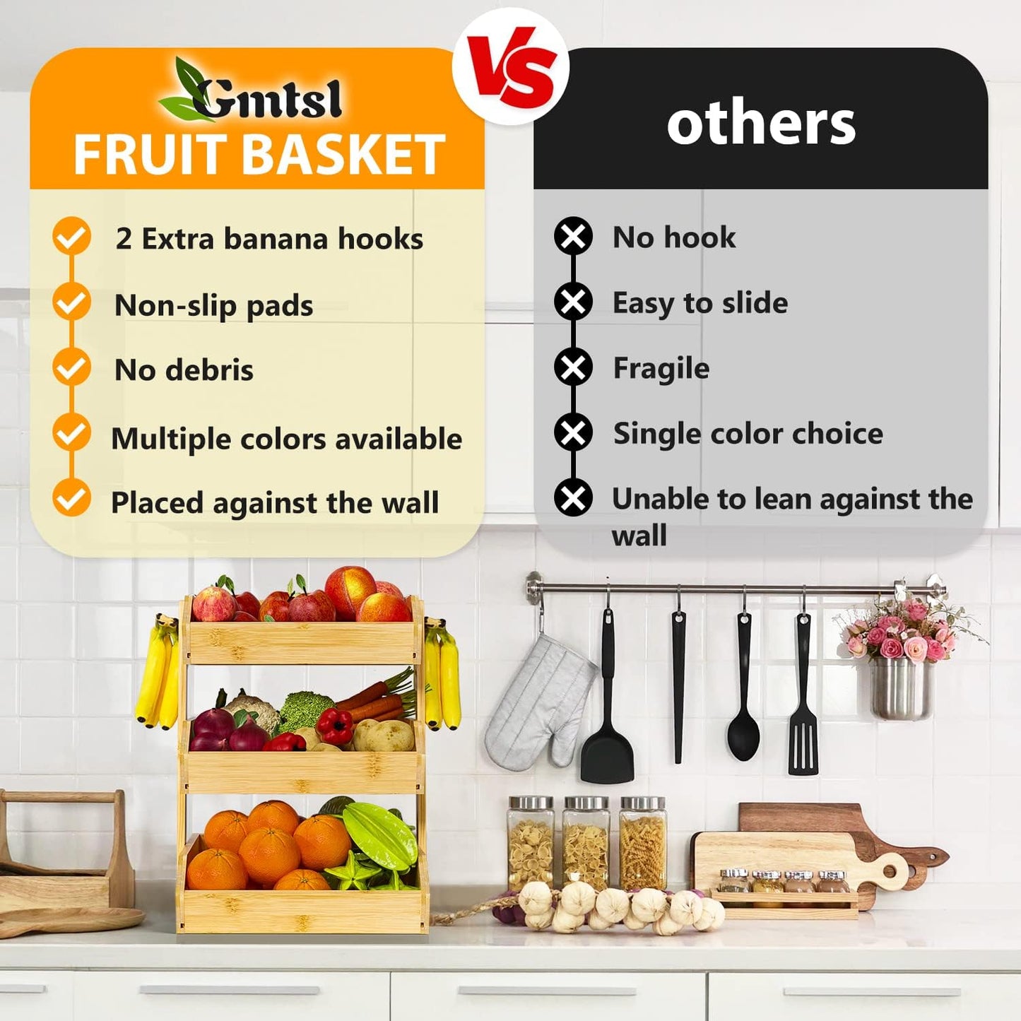 Bamboo Fruit Basket for Kitchen – 3 Tier Fruit Bowl For Kitchen Counter