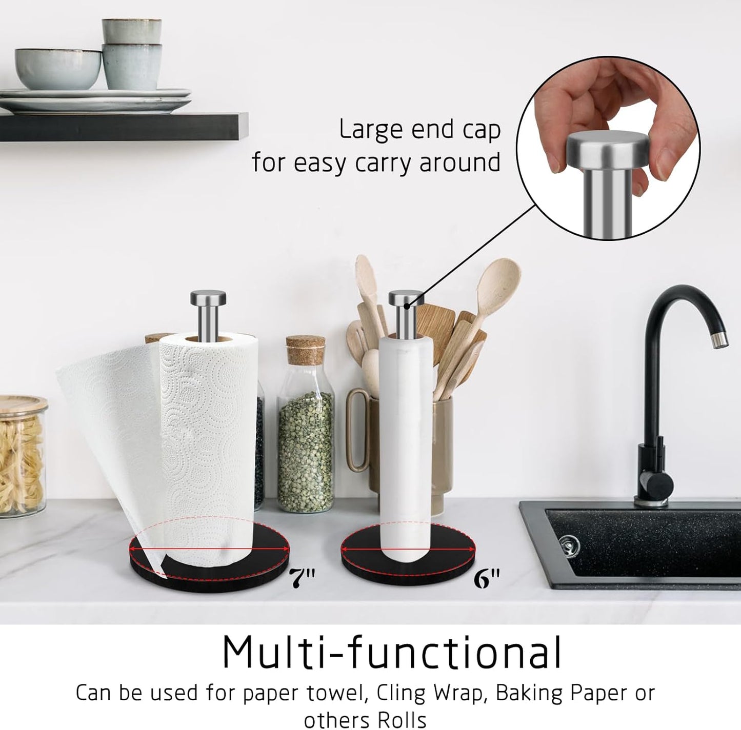 Paper Towel Holder Countertop with 7" Weighted Black Marble Base