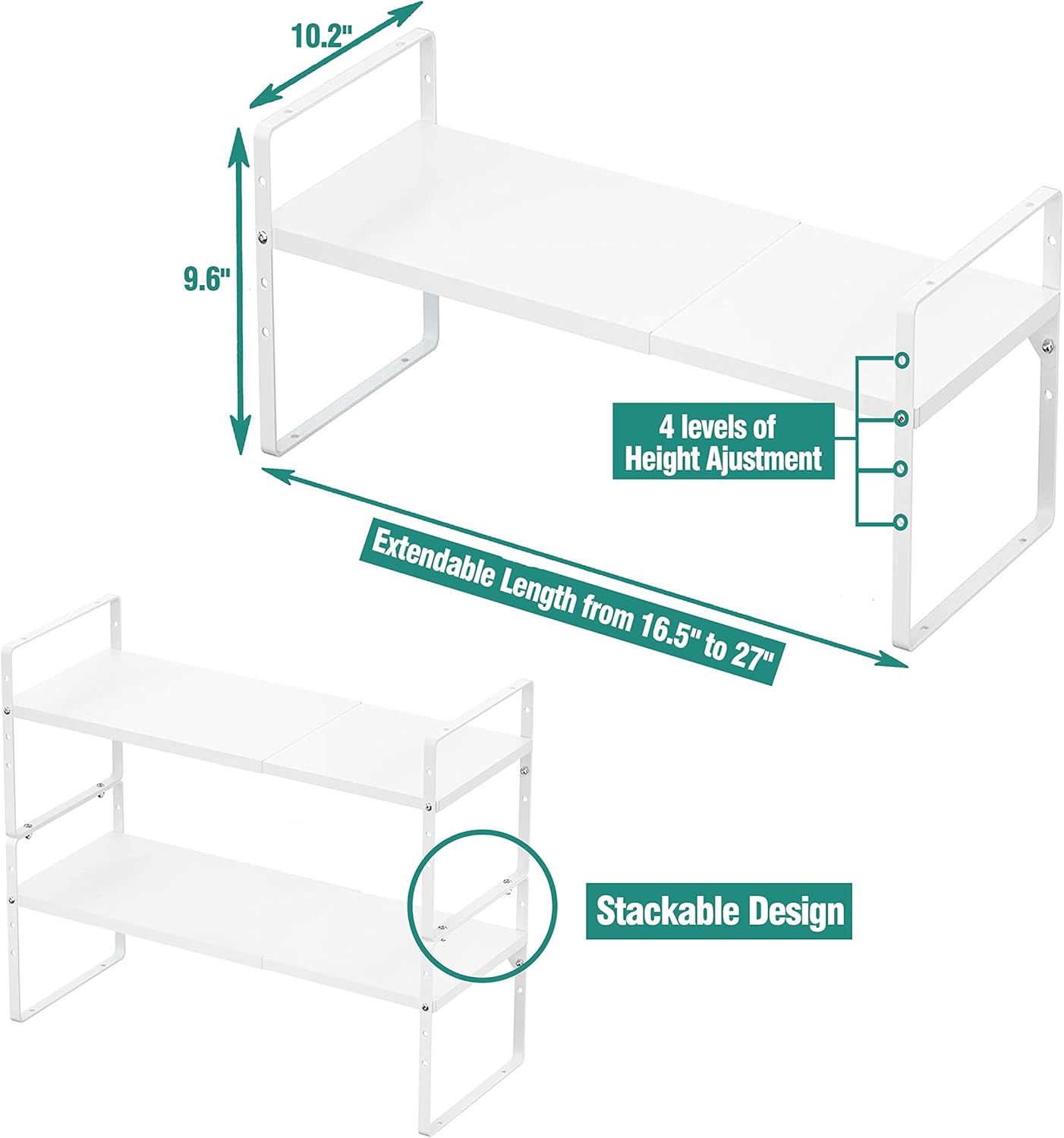 Expandable Cabinet Shelf Organizer Rack, Stackable Kitchen Counter Storage Shelves Stand