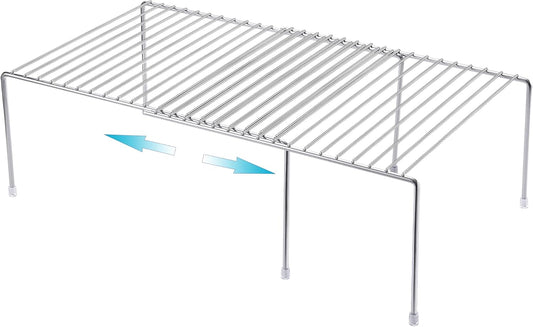 Expandable Kitchen Cupboard Organiser, 2-Piece Adjustable Freezer Cabinet Storage Wire Shelf Rack Rustproof Metal Shelves Space Saver for Countertop Pantry Drawer Utensils
