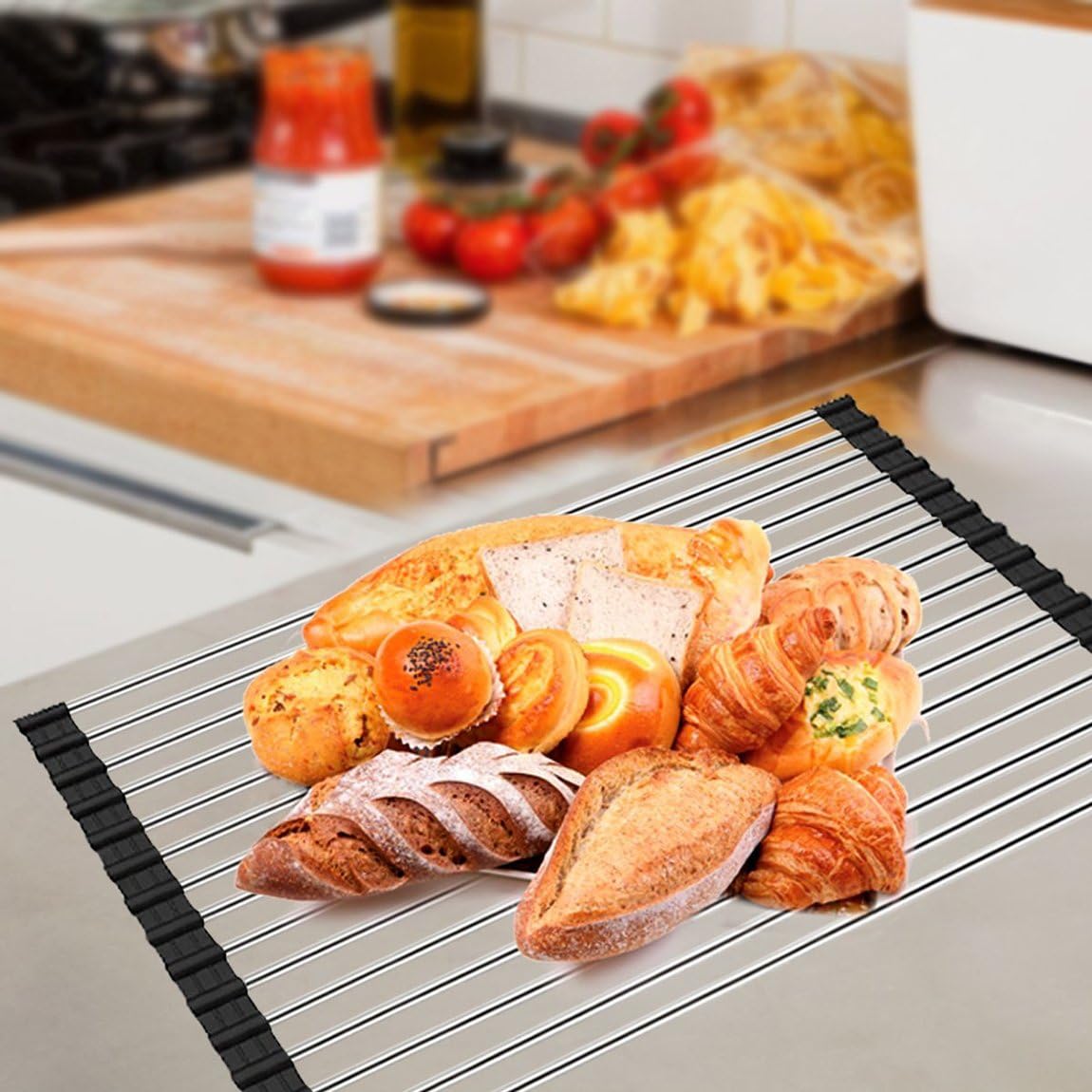 Roll up Dish Drying Rack Over The Sink Kitchen Roll up Sink Drying Rack Stainless Still Portable Drainer Foldable Dish Rack (Black, 17.8''X11.8'')