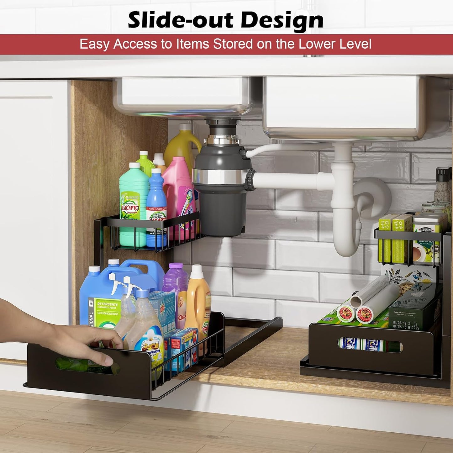 Under Sink Organizer, Pull Out Cabinet Storage 2 Tier Slide Out Sink Shelf