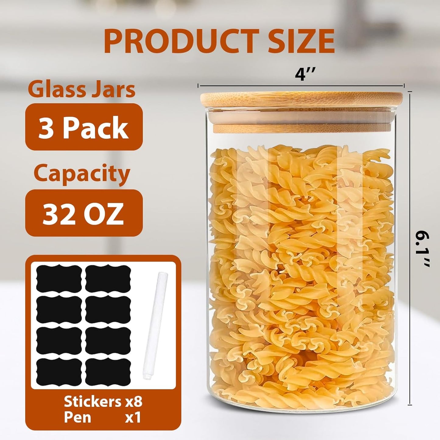 Glass Food Storage Jars 32 OZ Set of 3, 3 Pack Airtight Food Storage Jar with Bamboo Lid