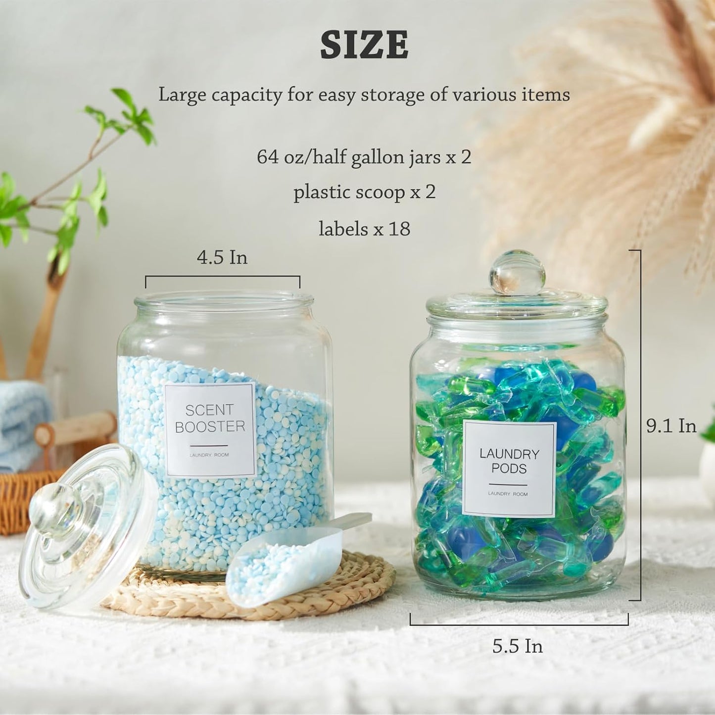Half Gallon Glass Jars - Large Airtight Containers with Scoop and Labels for Organization and Storage Laundry, Bath Room, Kitchen and Pantry Holder