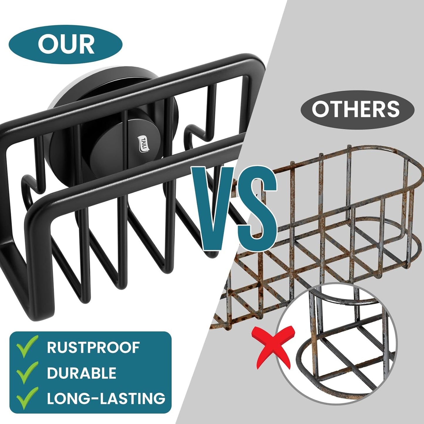 Sponge Holder for Kitchen Sink with Strong Suction Cup, Rustproof Aluminum Sink Caddy