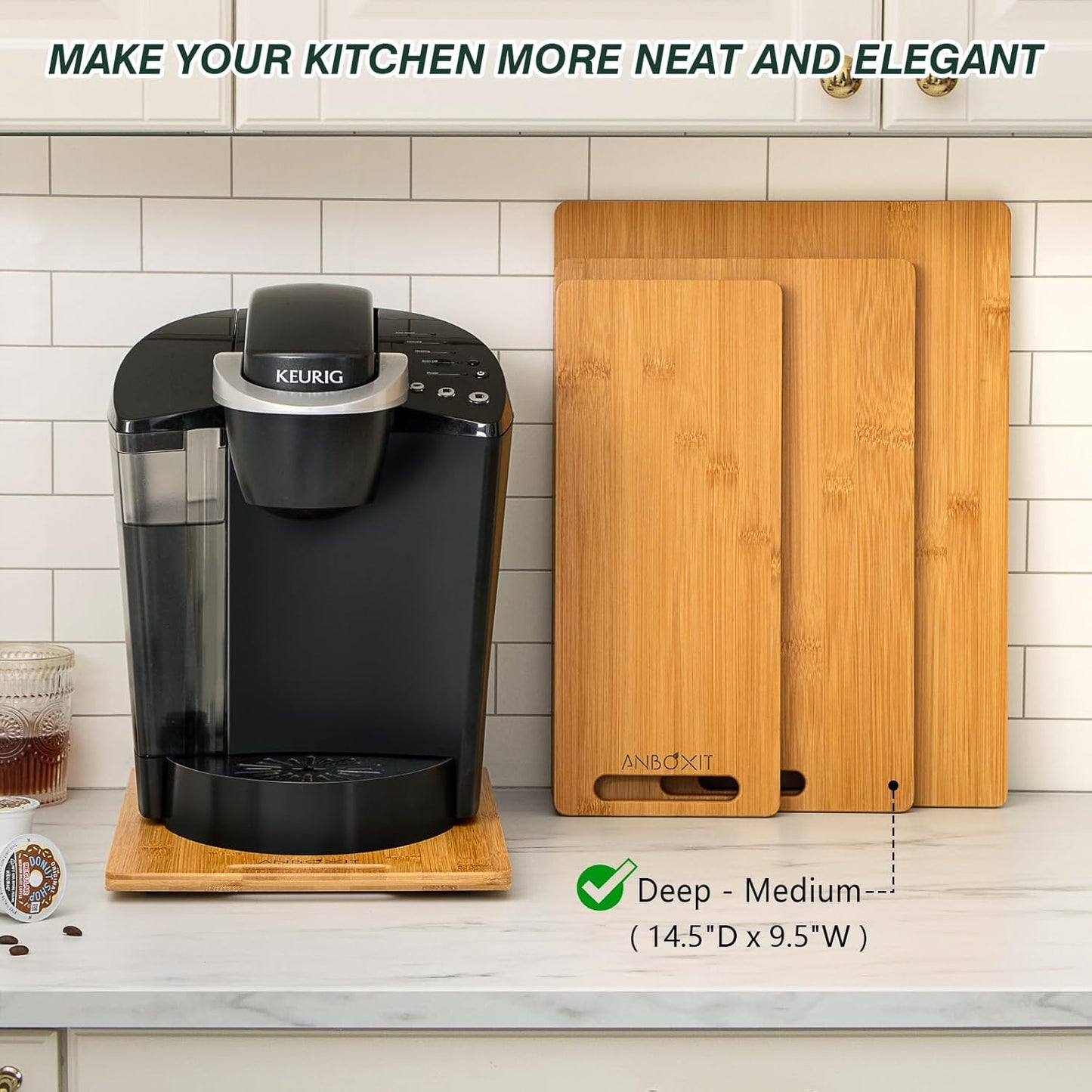 ANBOXIT Bamboo Appliance Slider, Sliding Tray for Coffee Maker, Kitchen Countertop Appliance Rolling Tray, Coffee Pot Slider Tray with Rubber Wheels, Deep - Medium (14.5"D x 9.5"W)