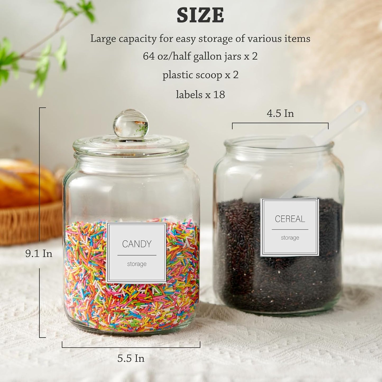 Half Gallon Large Glass Jars with Lids, Airtight Storage Clear Containers for Cookie, Candy, Flour