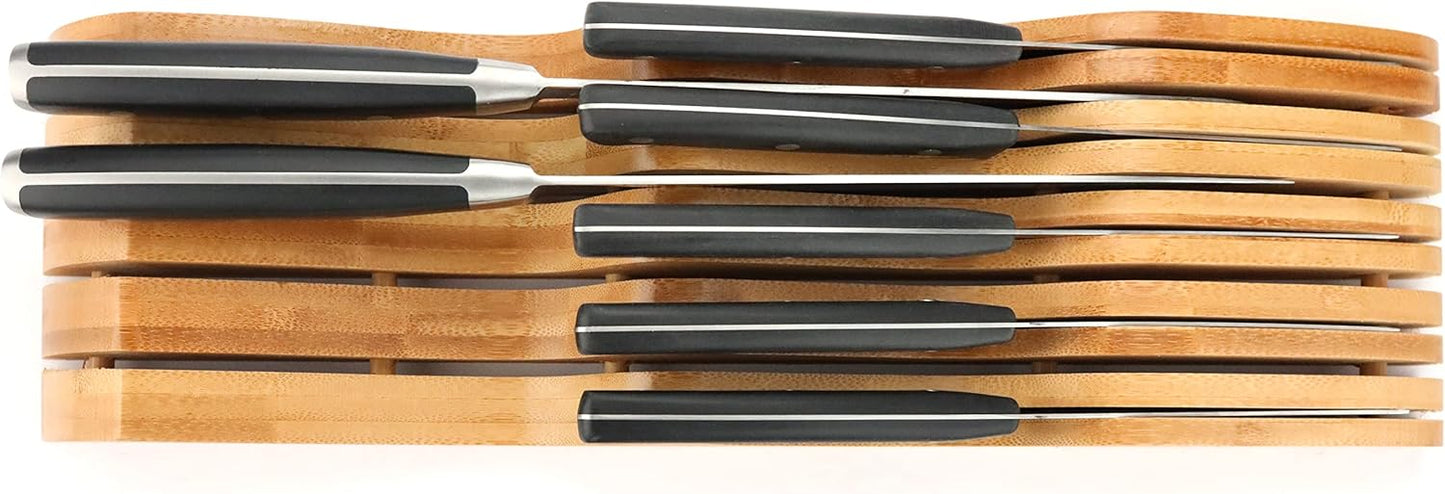 Bamboo Knife Block Holder, 9 Knives Dock, In-Drawer Knife Drawer Organizer