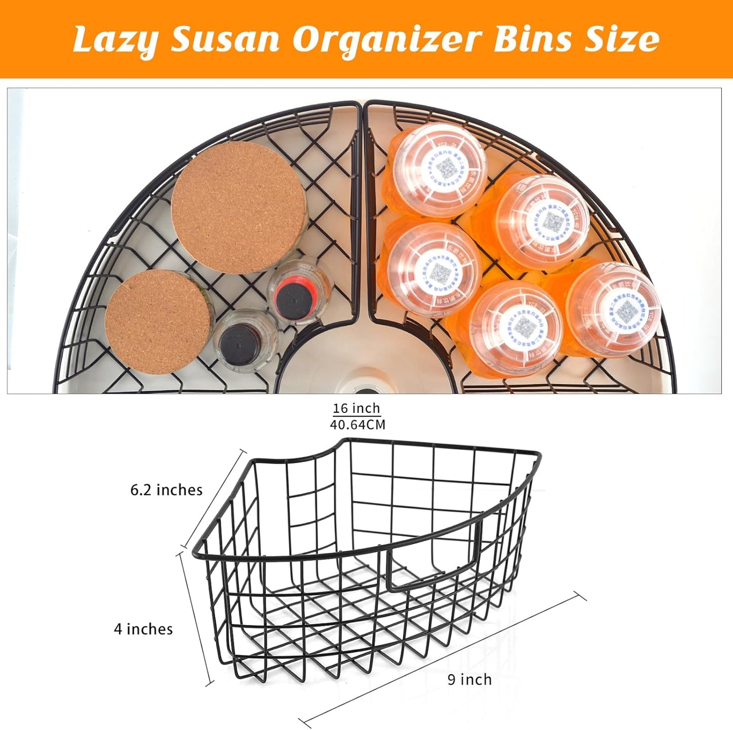 4 Pack Lazy Susan Basket Lazy Susan Organizer Bins for 18"/20" Diameter Turntable 1/4 Wedge Corner Cabinet Organizer Kitchen Organization Metal Lazy Susan with Handle for Cabinet