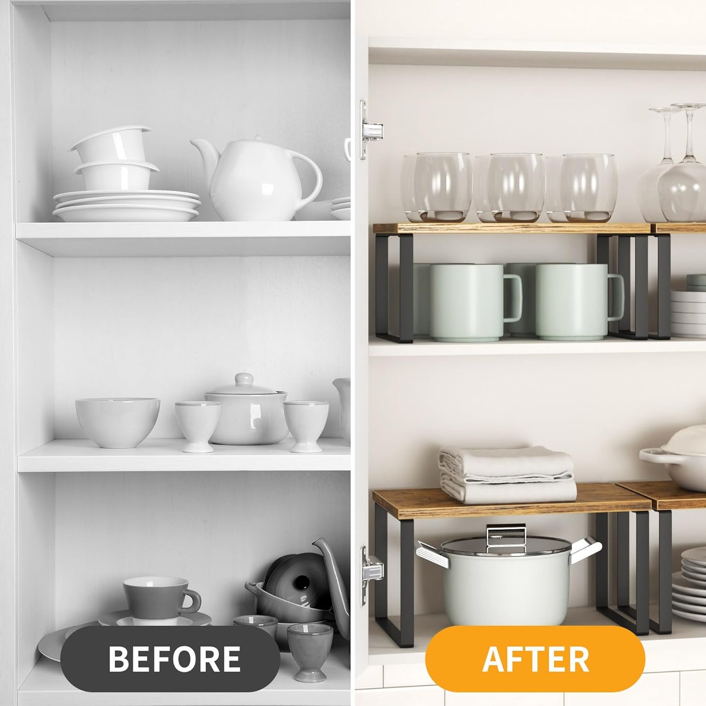 Kitchen Cabinet Organizer Shelf Set of 4, Sturdy Kitchen Counter Shelves with Metal Legs