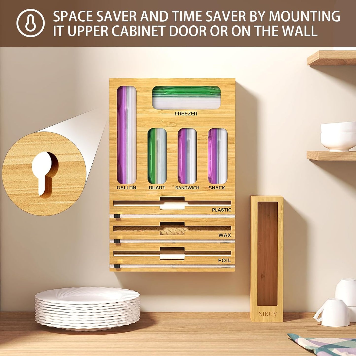 9 IN 1 Bamboo Foil and Plastic Wrap Organizer for Kitchen Drawer