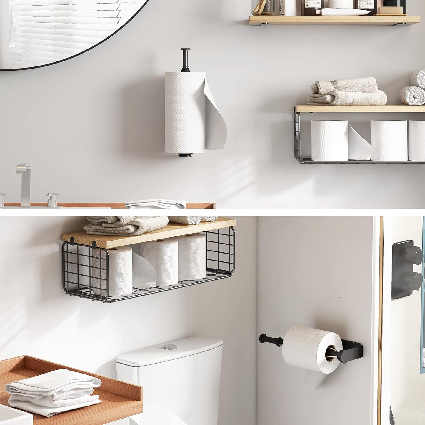 Paper Towel Holder Under Cabinet, Single Hand Operable Wall Mount Paper Towel Holder with Damping Effect, Bend-Resistant, Self-Adhesive or Drill Mounting for Kitchen Bathroom, Black