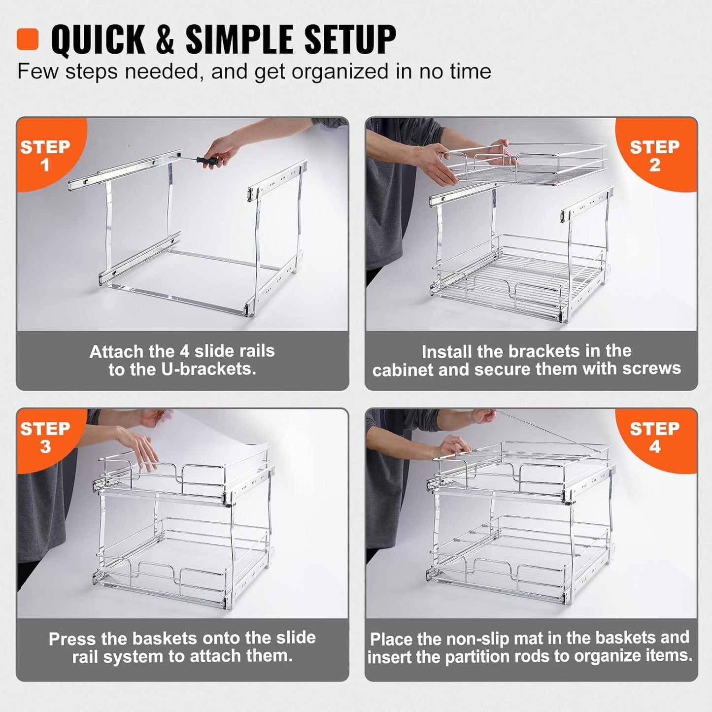 Pull Out Cabinet Organizer, 14" Wx21.2 Dx15.2 H Heavy 2 Tier Duty Slide Out Pantry Shelves