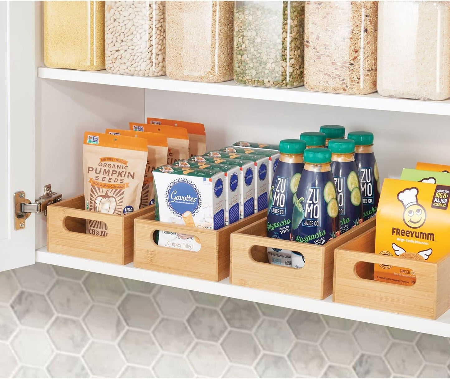 Bamboo Kitchen Storage Container Bin - Drawer Organizer Crate Box with Handles for Pantry Cabinet