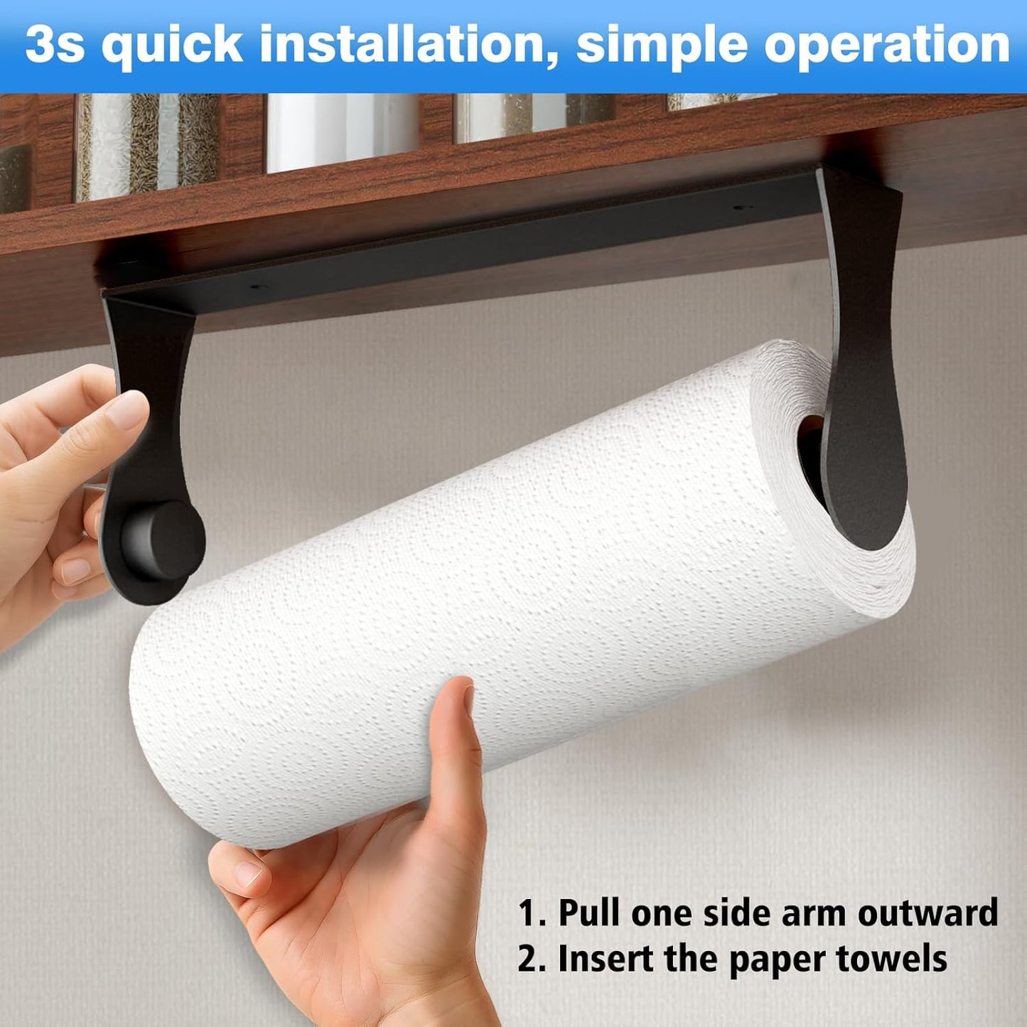 Paper Towel Holder Under Cabinet, Black, Adhesive & Wall Mount