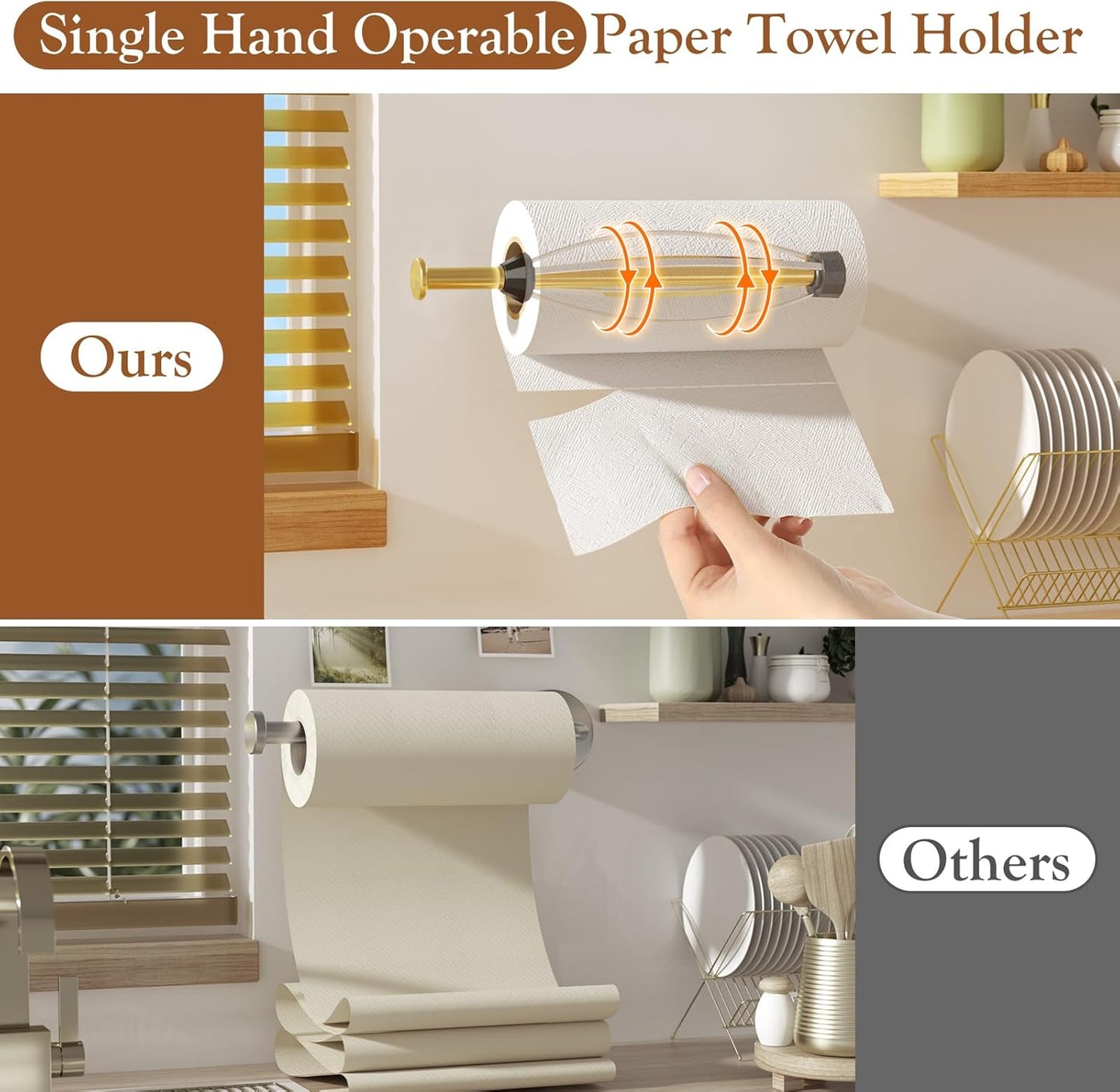 Paper Towel Holder Under Cabinet with 2 Hooks, Paper Towel Holder Wall Mount with Damping Effect