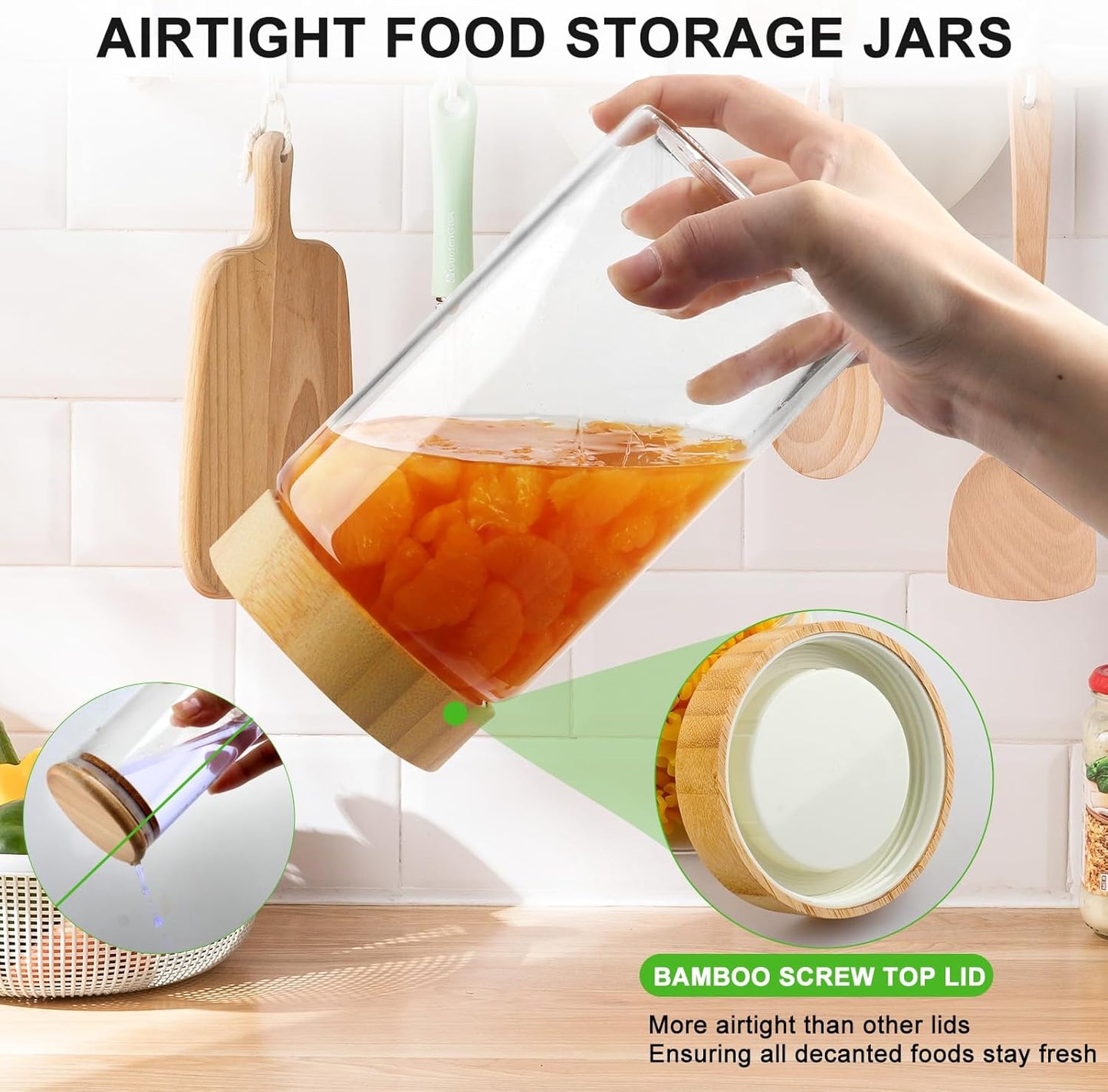 Airtight Glass Jar with Lid, Glass Storage Containers with Screw On Bamboo Lids, for Cookie, Pasta