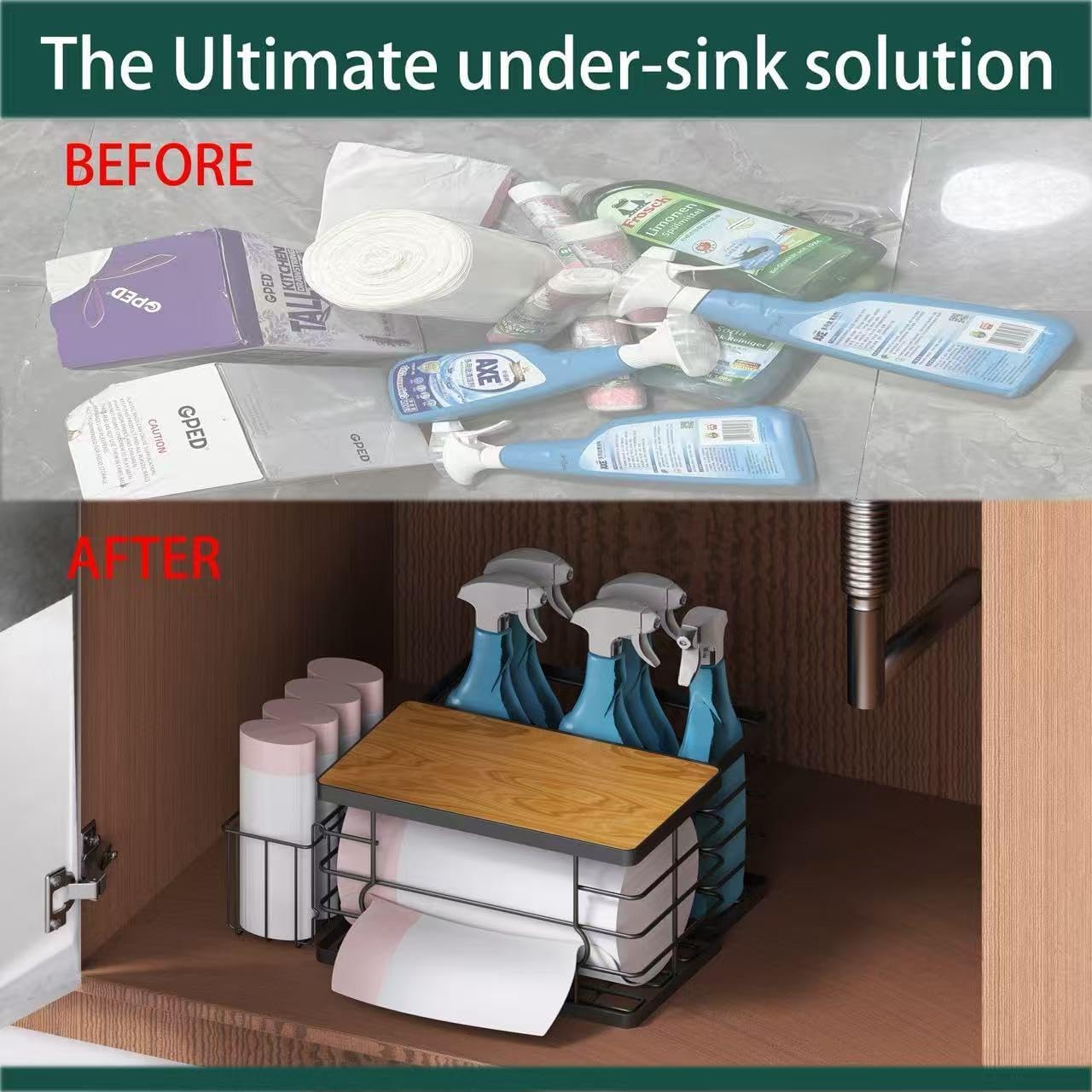 Trash Bag Dispenser Holder Under Sink, 3-in-1 Sturdy Metal Garbage Bag Organizer & Storage with Bamboo Lid, Fits Costco Large Capacity Rolls for Kitchen, Pantry, Laundry Room