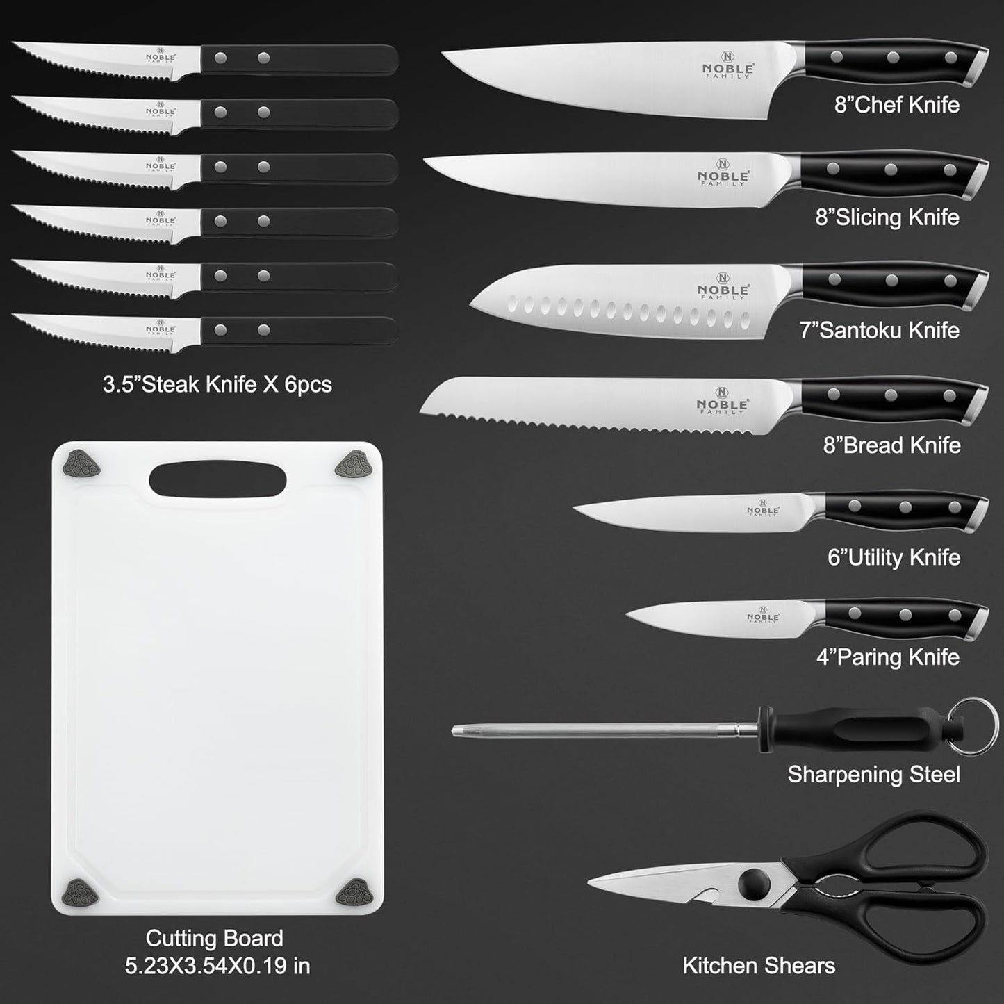 Knife Set with Block, N NOBLE FAMILY 16Pcs Kitchen Knives Drawer Organizer Set with Sharpener